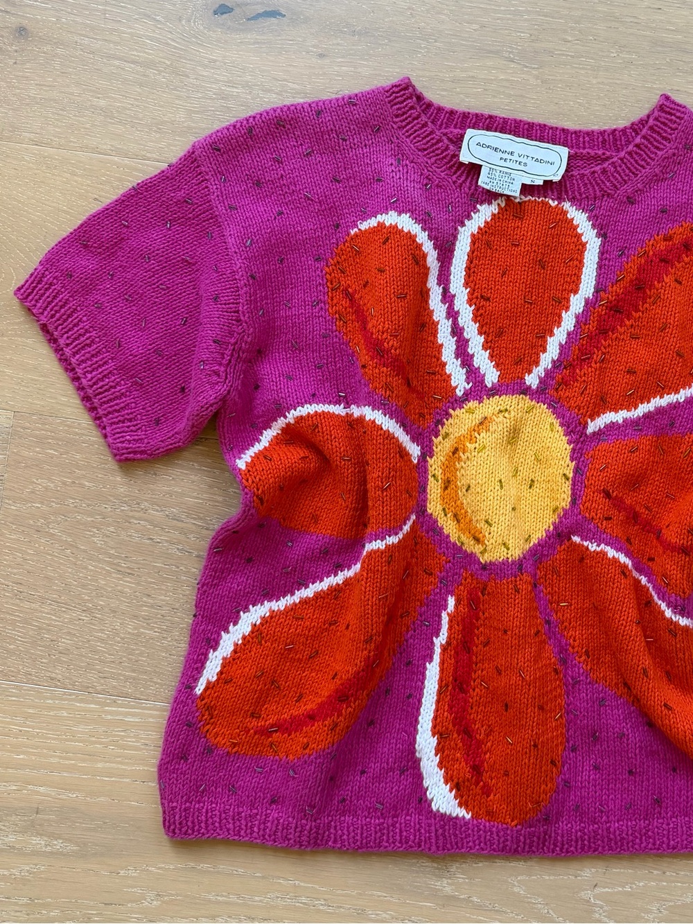 Adrienne Vittadini Hot Pink Floral Knit Top with Orange & Yellow Bloom